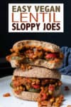 Two sloppy joes piled on each other and the top one with a bite and overlay text.