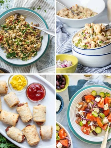 A collage of four salads and finger foods good for a picnic.