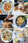 A collage of six different salads, dessert, finger foods and sandwiches good for a picnic.
