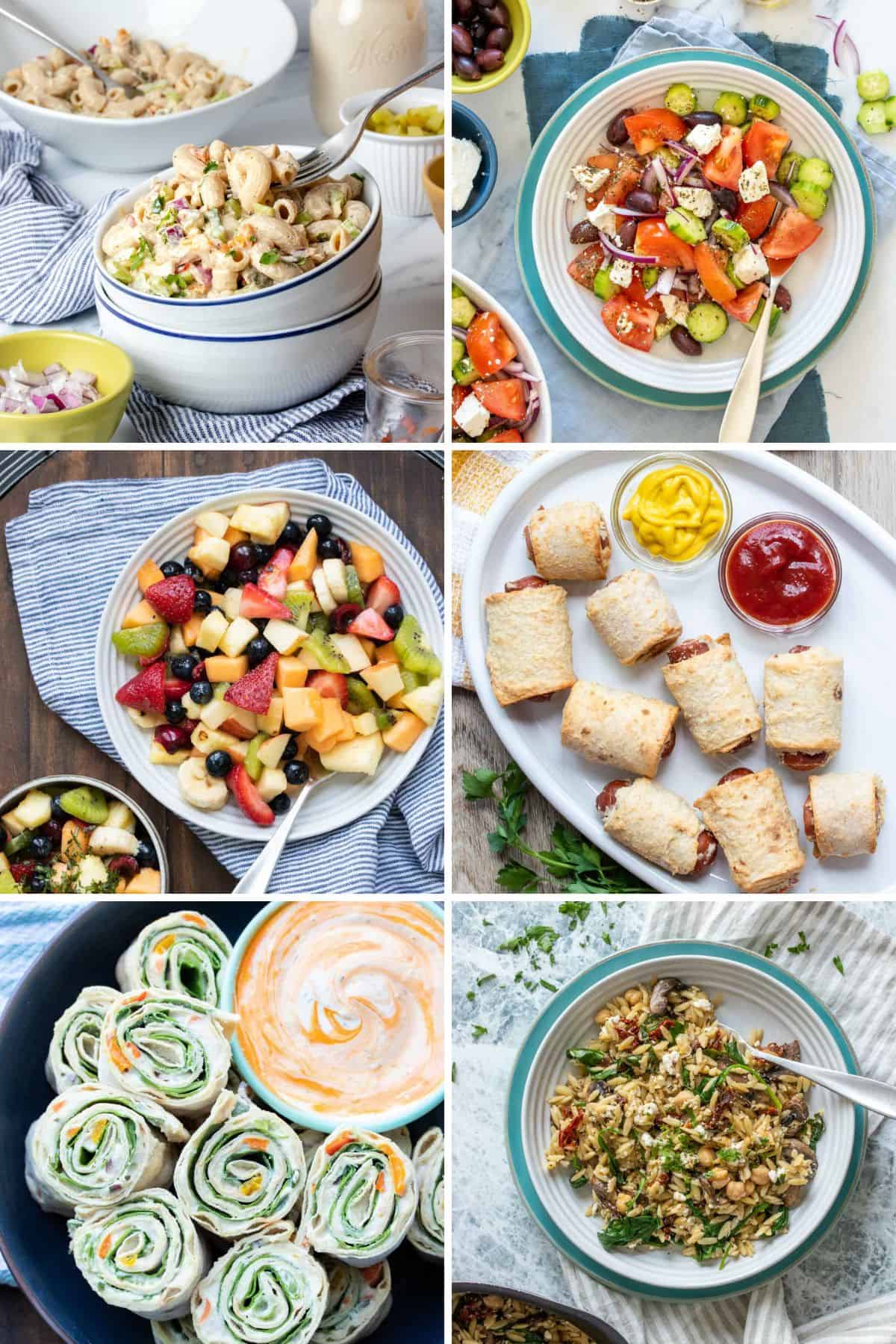 Collage of six different picnic foods from salads to finger foods.