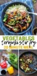 A collage of teriyaki vegetables in a bowl over rice, cooking in a pan and the ingredients needed with overlay text in the center.