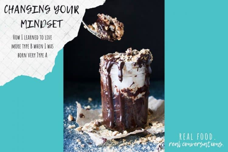 Photo of a spoon messily getting a bite of chocolate cake from a jar with text overlay on mindset