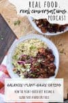 Text overlay on balancing food with a BBQ cauliflower power bowl on a checkered towel