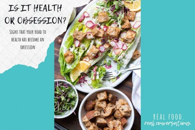 Overlay text on being too healthy with turquoise color blocks and a photo of romaine salad with croutons