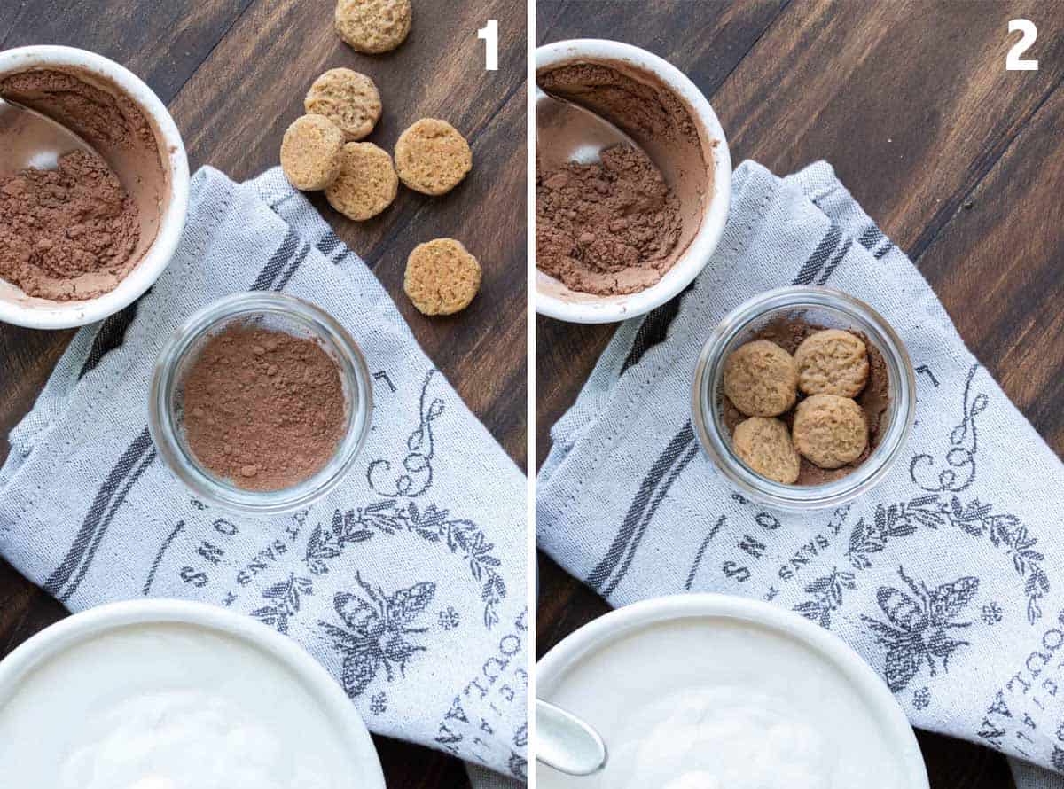 Collage of the cocoa layer and cookie layer of tiramisu being made