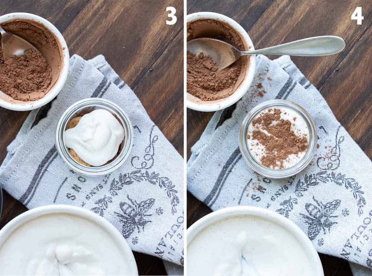 Collage of a top view of tiramisu being made in glass jars