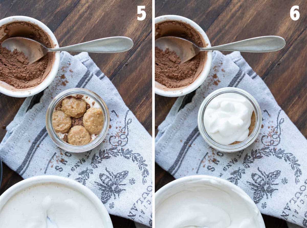 Collage of the top view of the cookie and whip layer for tiramisu being put in glass jars