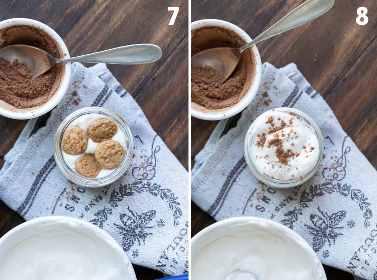 Top view of glass jars being layered with tiramisu ingredients