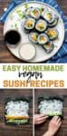 Text overlay on how to make sushi and a plate of made vegetable sushi