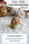 Protein ball rolling in coconut shreds with text overlay on food and exercise