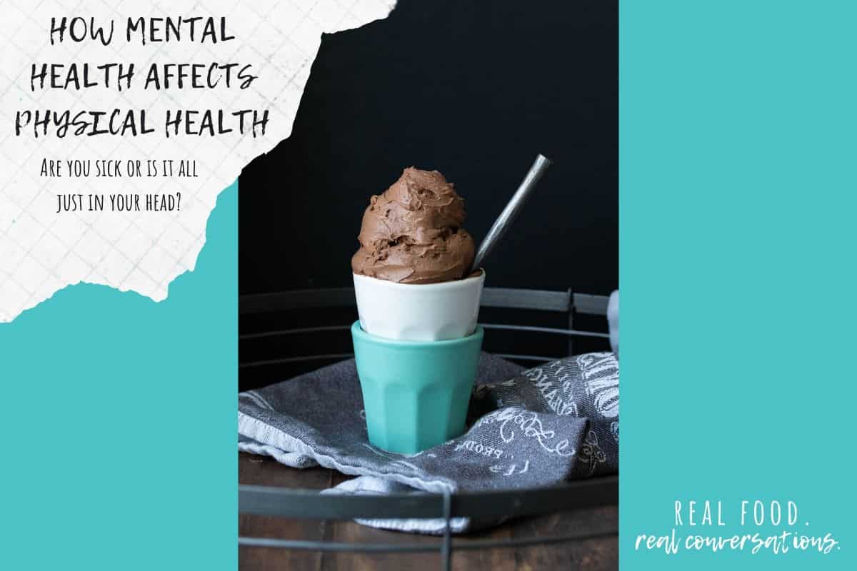 Turquoise background with a photo of ice cream and text overlay about emotional health