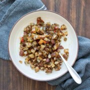 Cream bowl with cubed crispy roasted breakfast potatoes