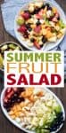 Overlay text on a collage of fruit salad in a bowl and rows of fruit on a plate