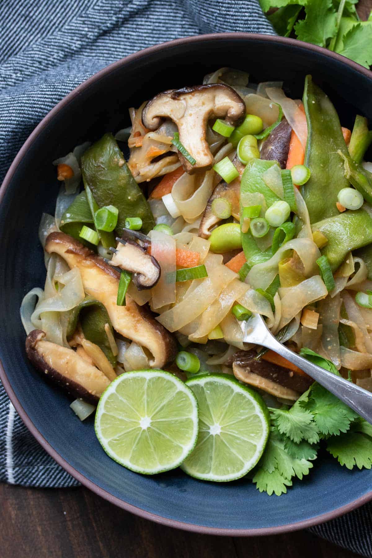 Fork twirling a bite of stir fry noodles with veggies