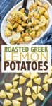 Collage of greek potatoes with oregano being made and then roasted on a platter with text overlay