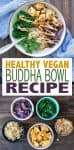 Collage of buddha bowl ingredients and a made bowl with text overlay