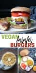 Collage of a falafel burger with toppings on a plate, the mixture in a food processor and the burger open faced on a bun with overlay text.
