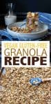 Collage of granola being baked and in a glass jar with overlay text