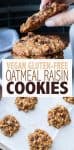 Collage of oatmeal raisin cookies being baked and a hand grabbing a baked one with overlay text