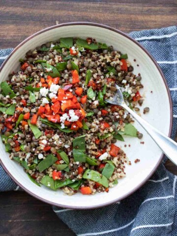 White bowl with a salad with lentils, spinach, quinoa and red peppers inside