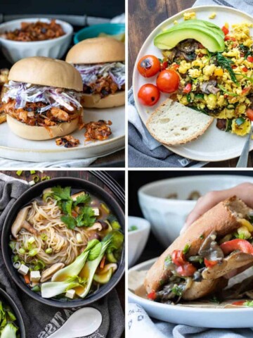 Collage of one pot veggie soups, sandwiches and an egg scramble.