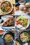 A collage of a variety of one pot soups, sandwiches and stir fries.