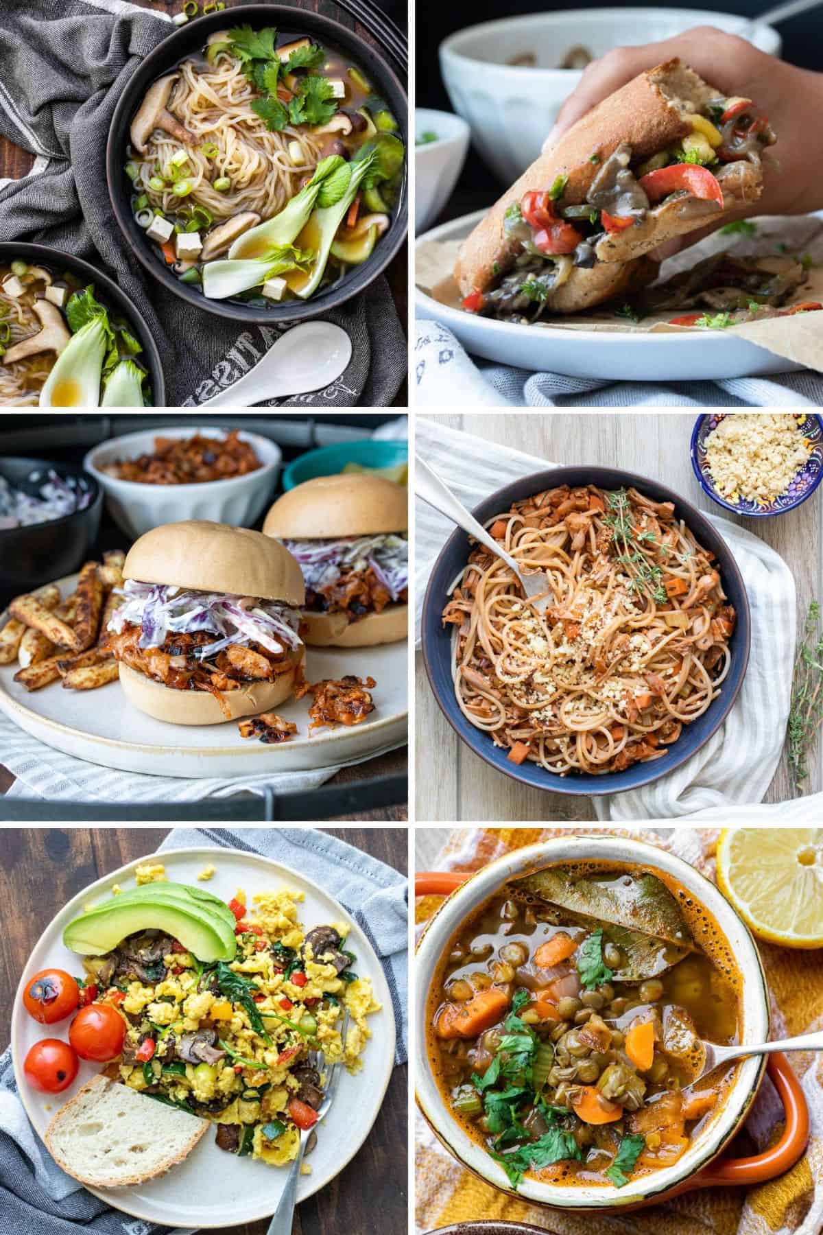 Collage of a variety of soups, pasta, sandwiches and an egg scramble.