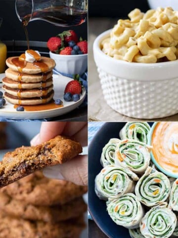 Collage of mac and cheese, pancakes, cookies and pinwheels