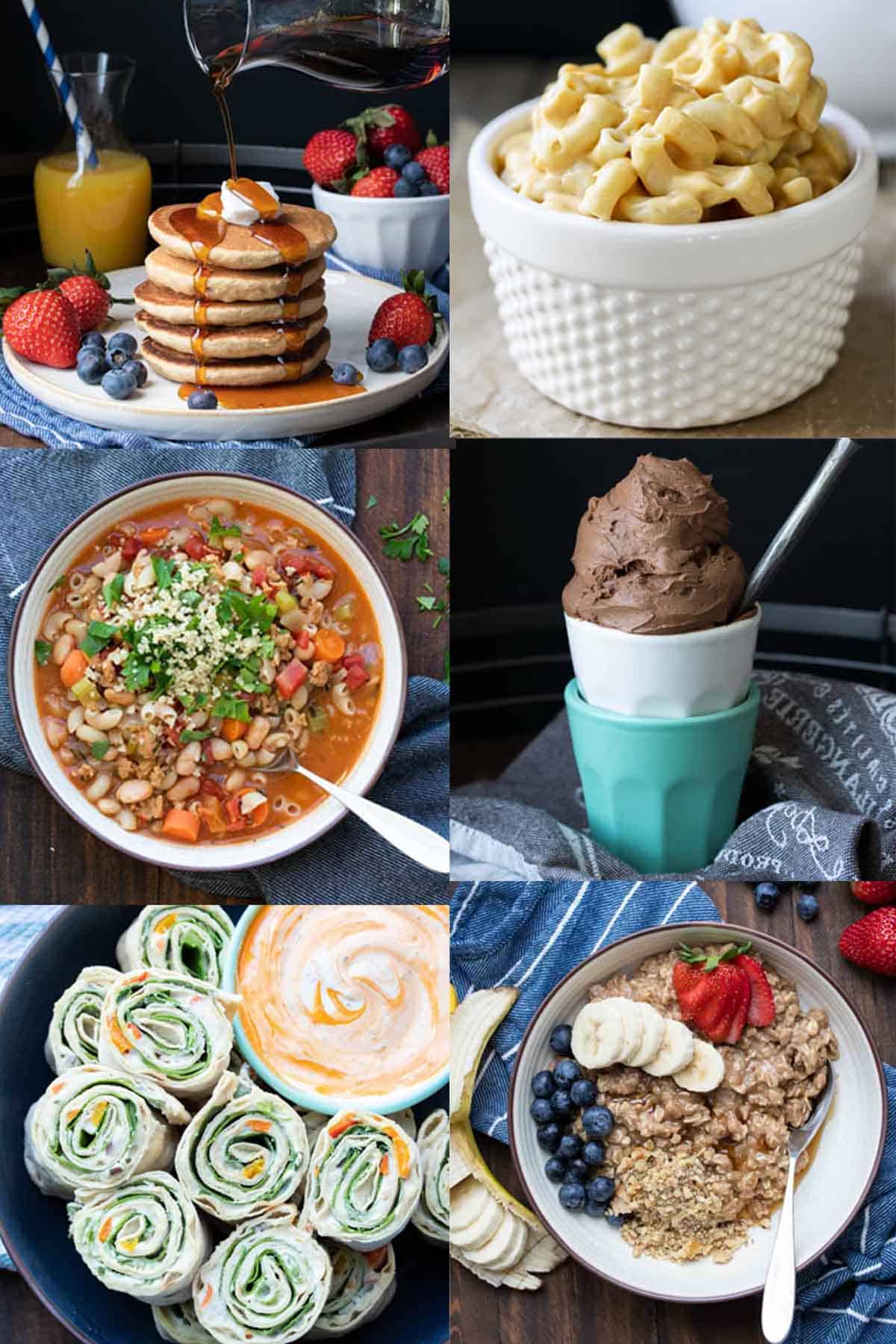 A collage of a mix of different vegan kid friendly meals