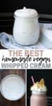 Collage of whipped cream in a jar, being whipped in a bowl and served on top of a milkshake with overlay text.