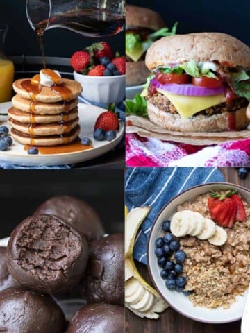 A collage of four photos of vegan recipes you can freeze.