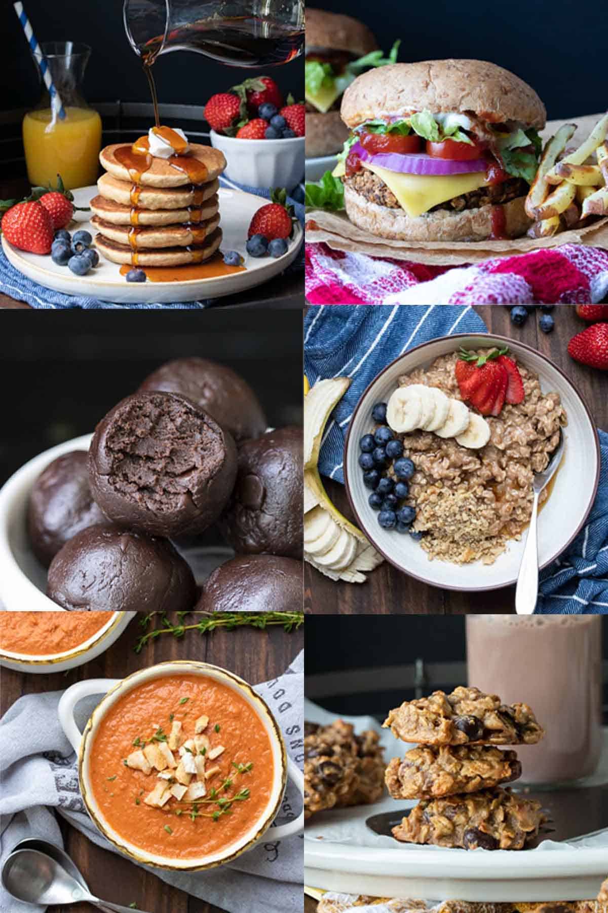 Collage of a variety of vegan meals good for the freezer.