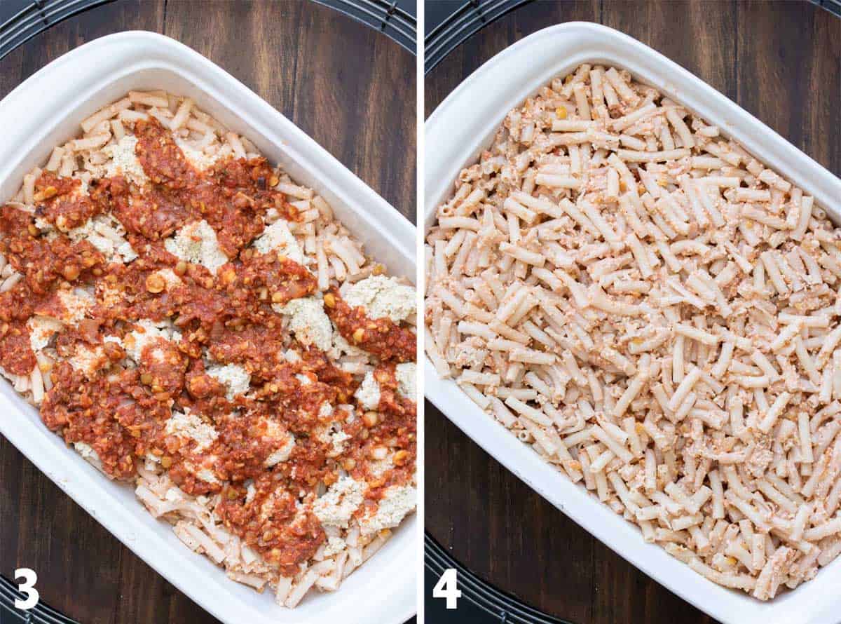 Collage of pasta in a white baking dish and then covered with sauce