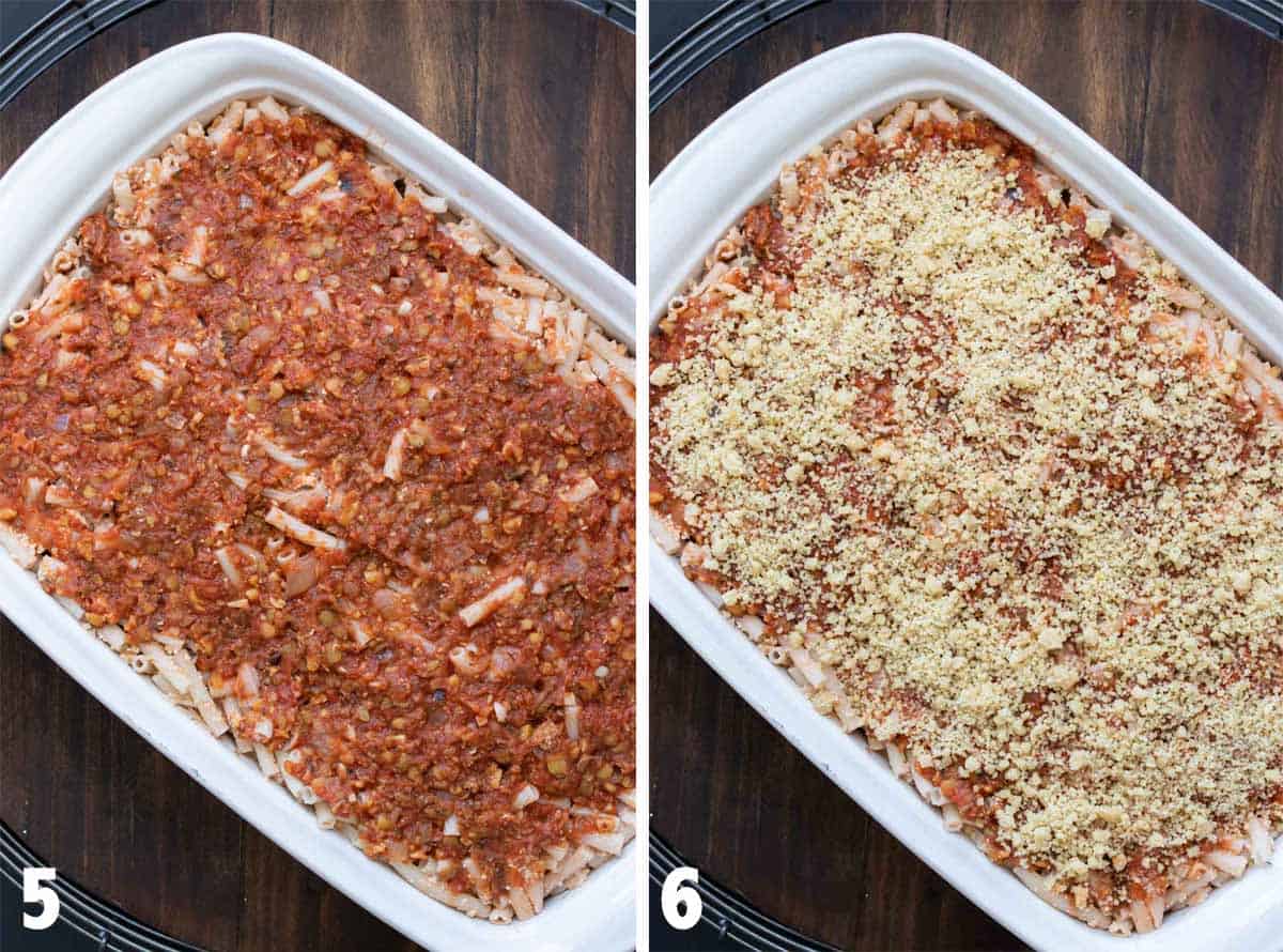 Collage of white baking dish with pasta bake topped with sauce and then topped with parmesan