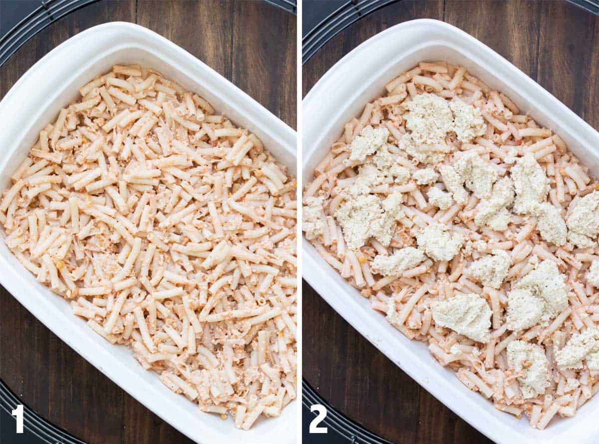 Collage of a white baking dish with baked pasta and then covered with spoonfuls of ricotta