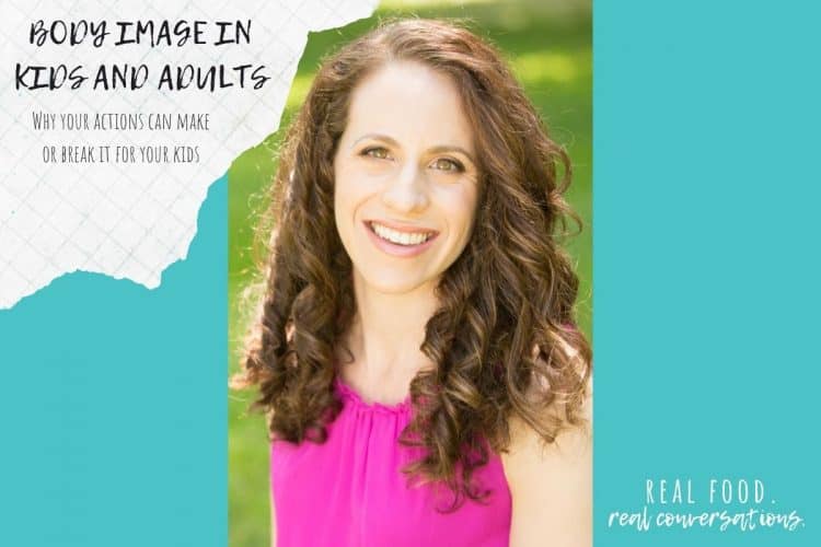 Photo of woman in pink shirt on a turquoise background with text overlay on body image