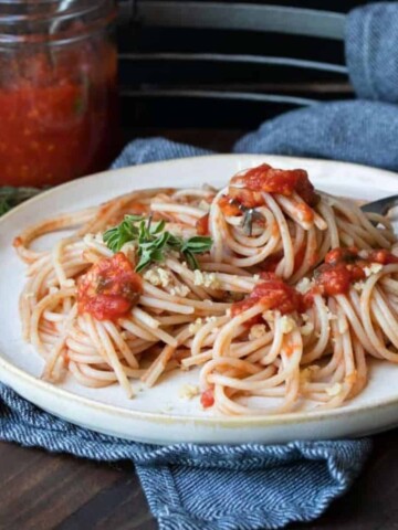 A fork with spaghetti and marinara wrapped around it resting on more spaghetti on a plate