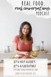 Photo of a woman in a pink shirt cooking with overlay text on food lifestyle