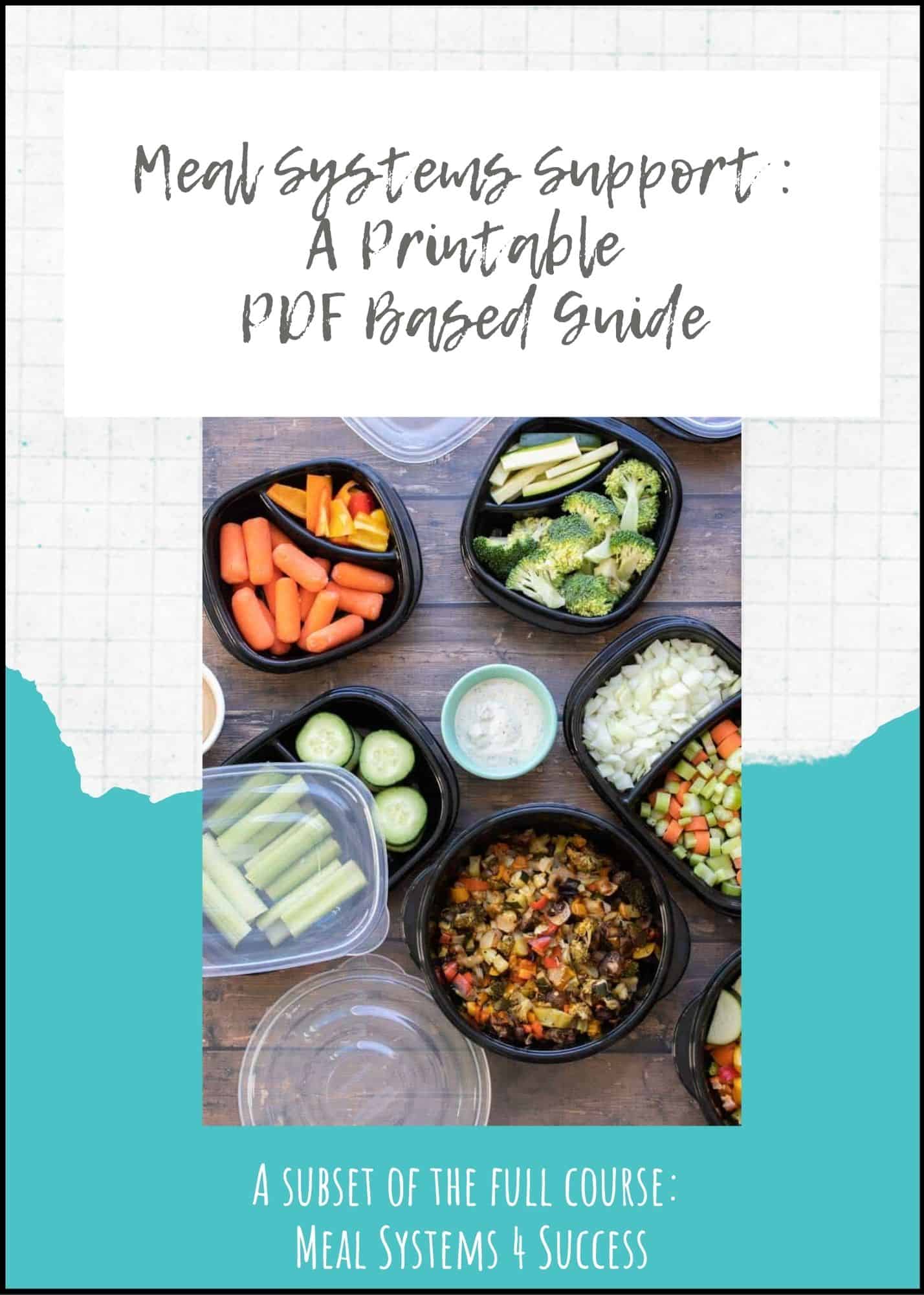 Overlay text on a meal planner guide with a photo of prepped food in containers