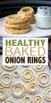 Collage of onion rings being baked and a plate piled with them