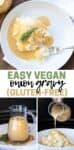 Collage of gravy in a small glass pitcher, being poured over mashed potatoes and a top view of it covering mashed potatoes with overlay text.