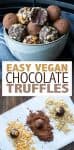Collage of chocolate truffles being rolled into toppings and one with a bite in it and overlay text