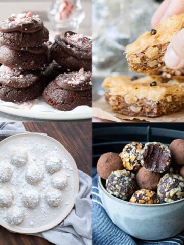 A collage of peppermint cookies, snowball cookies, chocolate truffles and baklava.