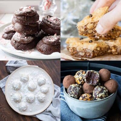 A collage of peppermint cookies, snowball cookies, chocolate truffles and baklava