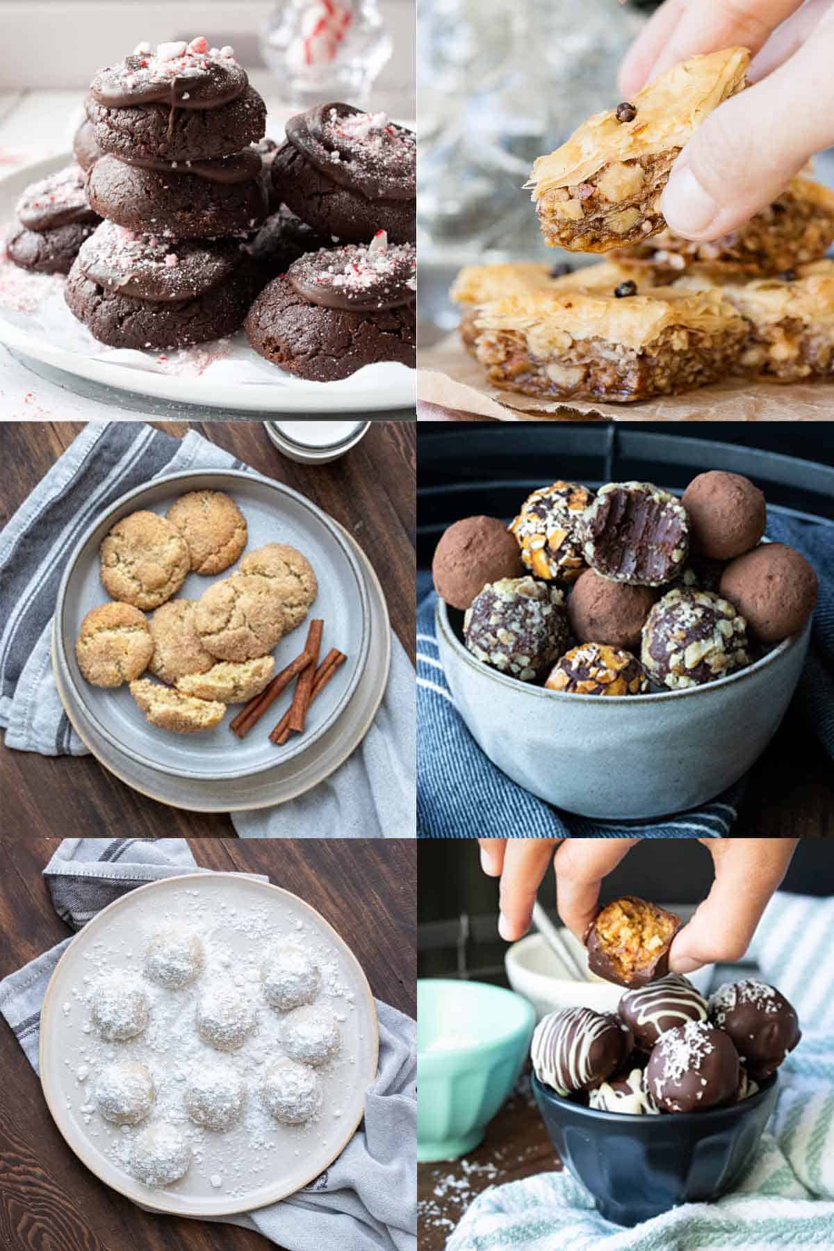 Collage of different kinds of Christmas cookies on plates.