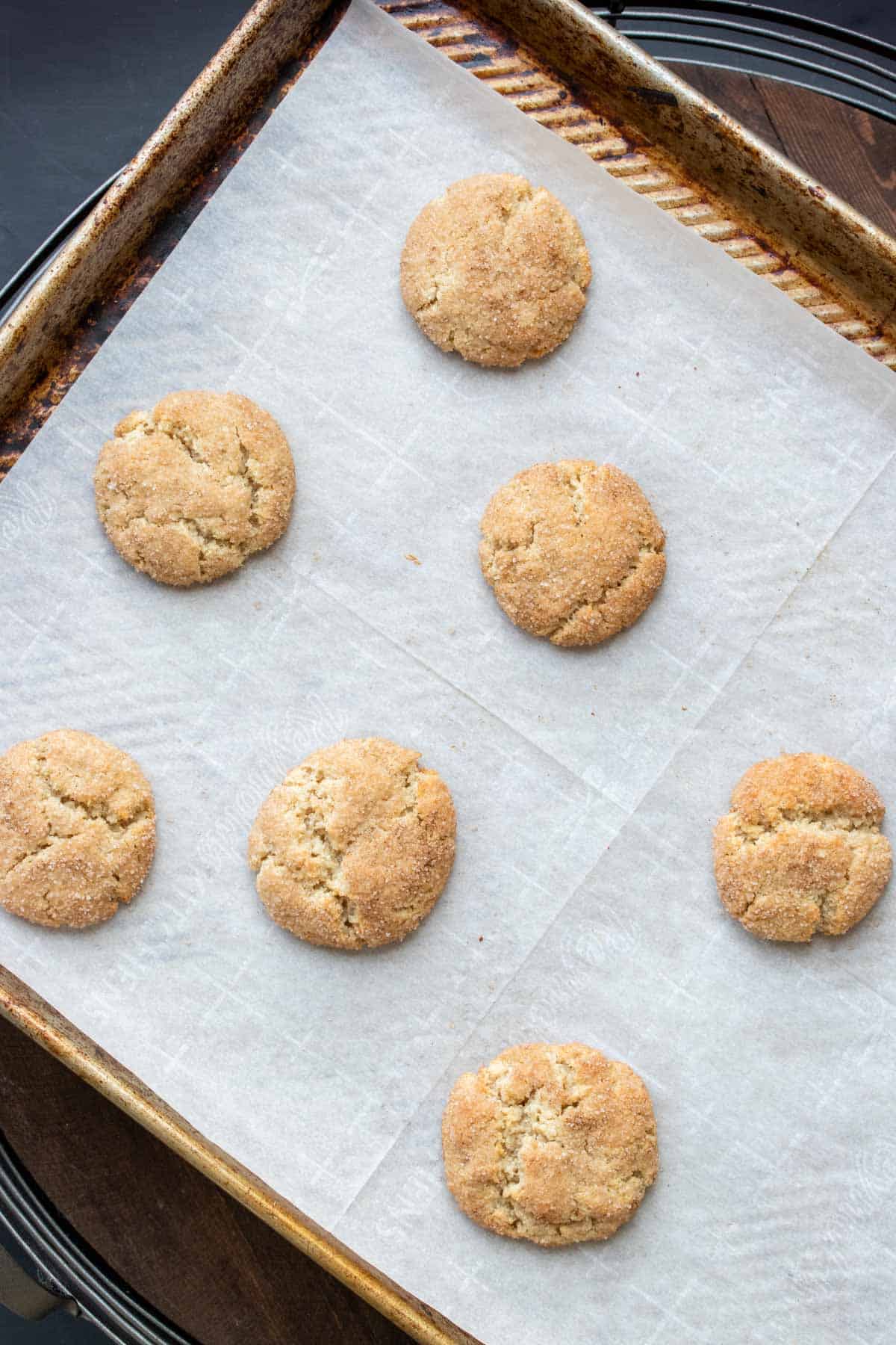 Cookie sheet with baked snickerdoodle cookies on it
