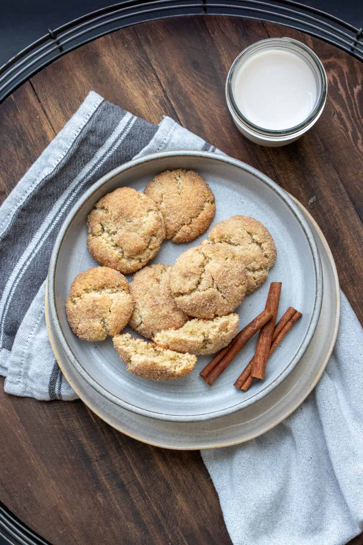 Top view of snickerdoodle cookies on a grey plate