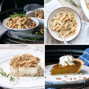 Collage of stuffing, pumpkin pie, cauliflower casserole and roasted carrots with a white sauce drizzle.