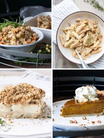 Collage of stuffing, pumpkin pie, cauliflower casserole and roasted carrots with a white sauce drizzle.