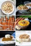 Collage of Thanksgiving recipes, one appetizer, three sides, one main and one dessert.